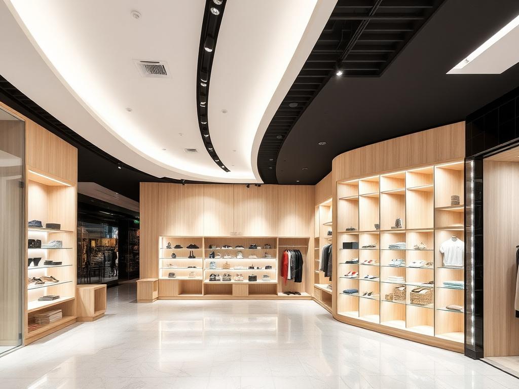 Retail boutique with curved ceiling and pale wood shelving