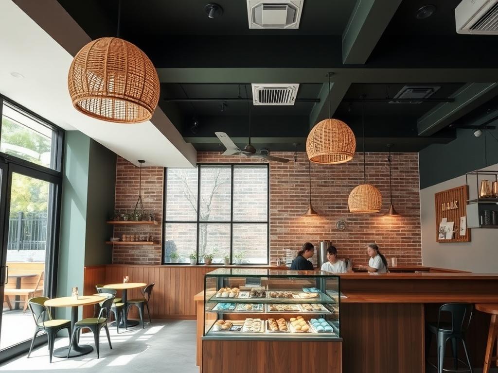 Cafe interior with dark green ceiling and timber counter