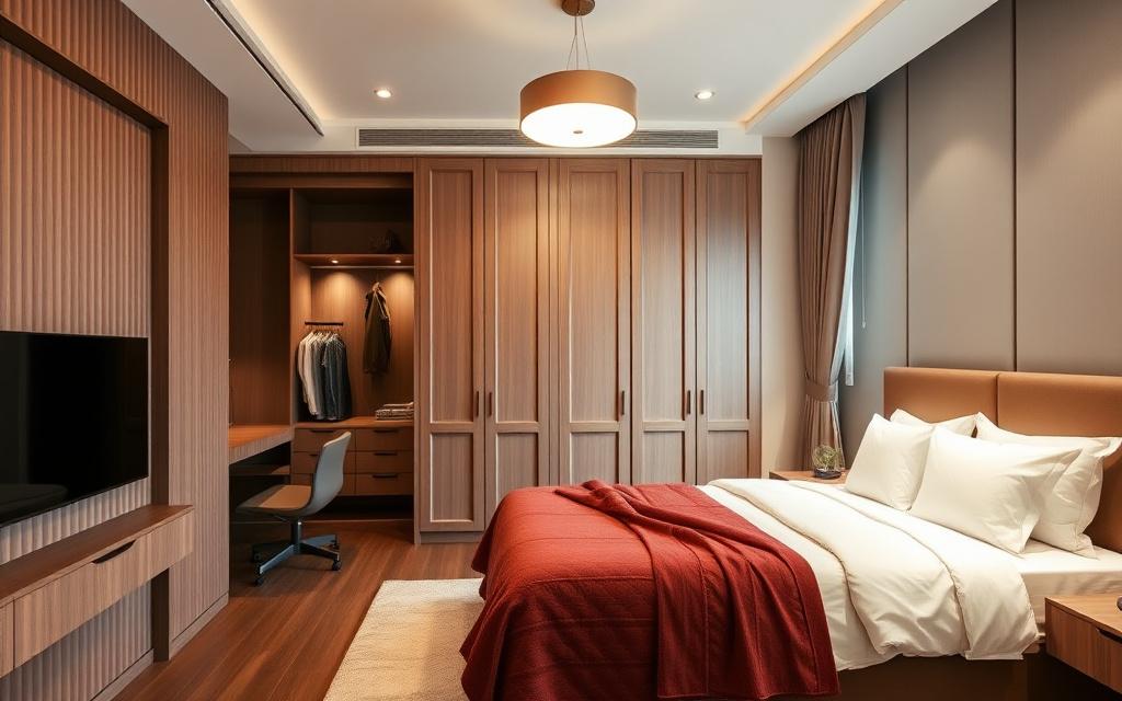Condominium bedroom with fluted-panel wardrobe after fit-out