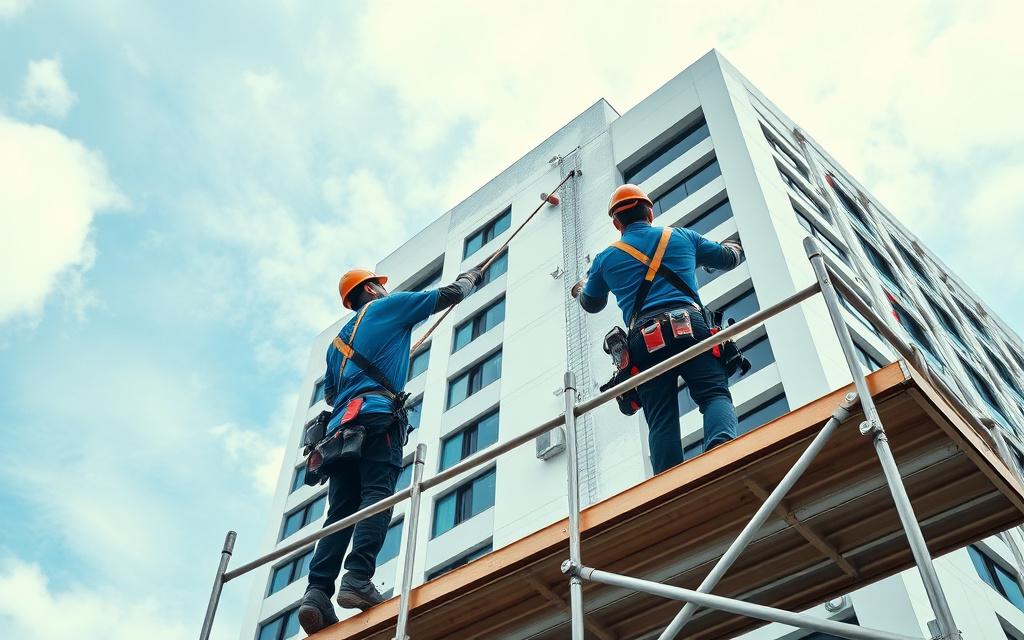 Facade repair and repainting works on scaffolding