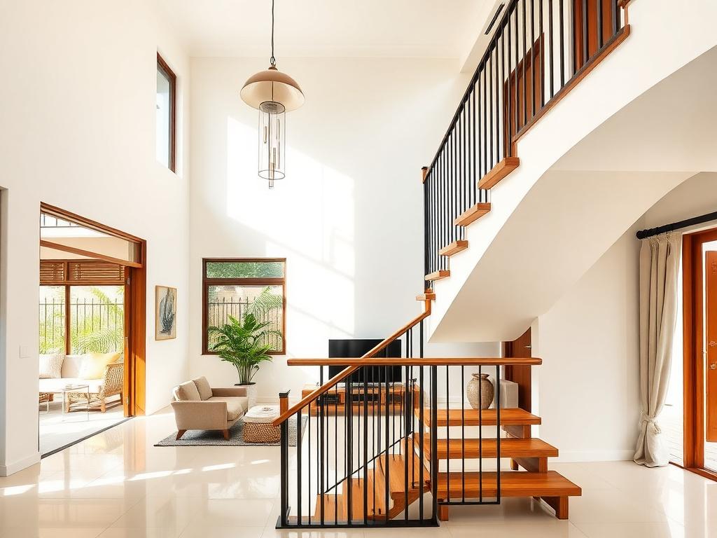 Living hall with new black metal and timber staircase balustrade