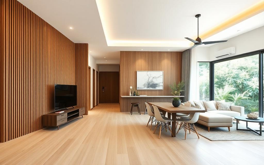 Open-plan living and dining area of a renovated link house
