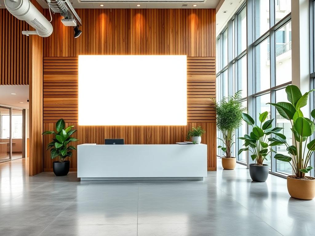 Office reception with backlit timber slat feature wall