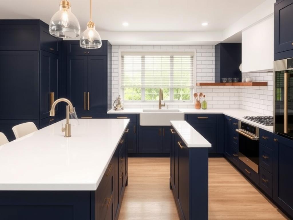 Navy cabinet kitchen with quartz island after full rebuild