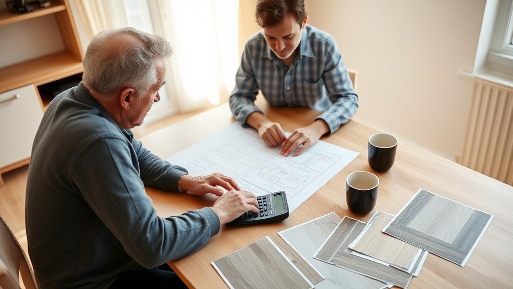 Contractor and homeowner reviewing a quotation with samples on the table