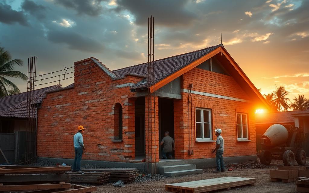 Bungalow rebuild in progress with new brickwork