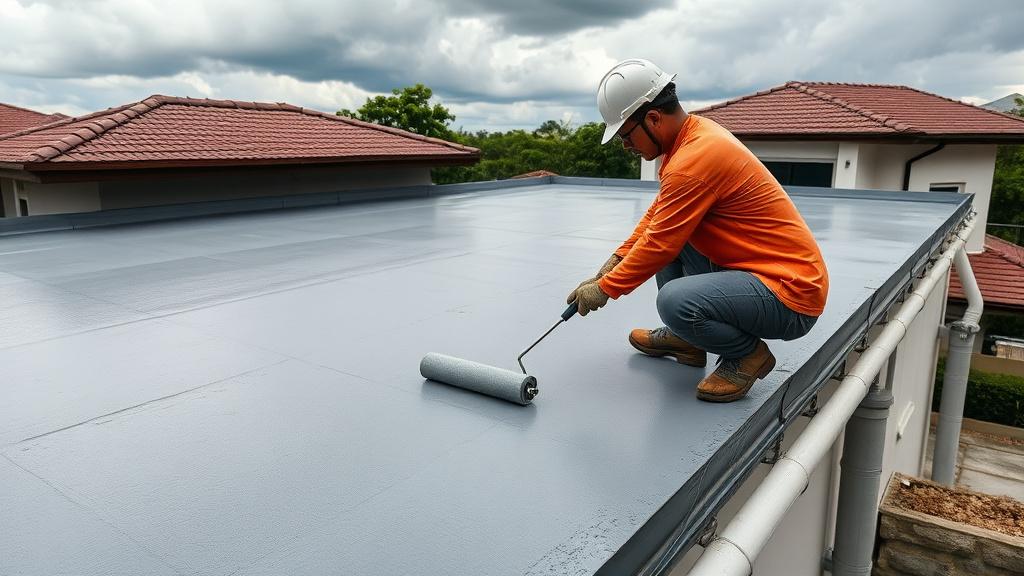 Applying grey waterproofing membrane to a flat rooftop before the rains
