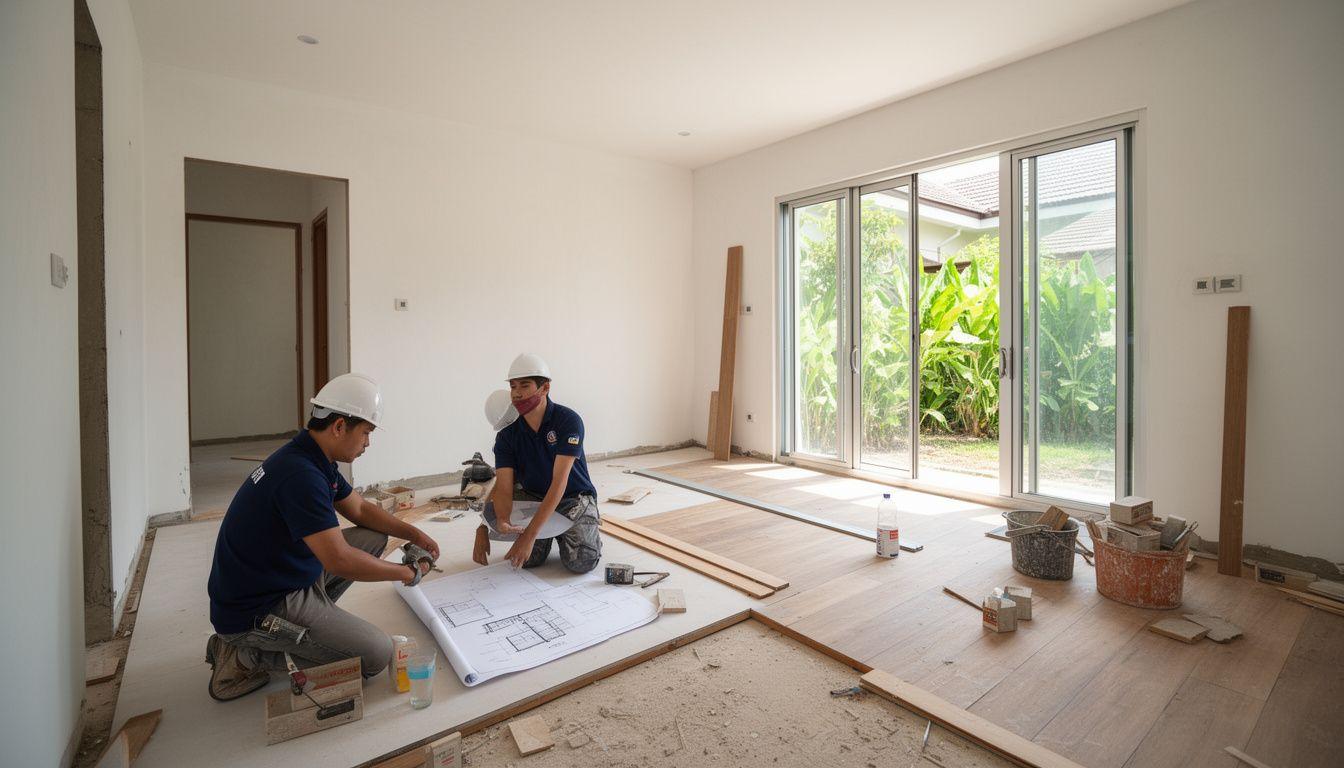 Edgespot Construction crew reviewing plans inside a terrace house renovation