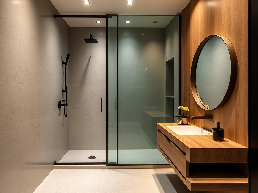 Bathroom with rain shower, black framed glass and terrazzo tiles