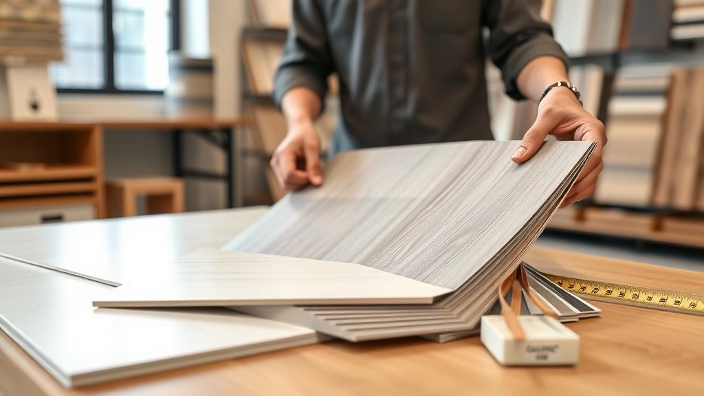 Comparing porcelain tile samples and wood laminate swatches on a bench